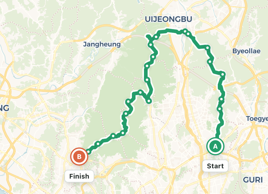 A GPX route with start and finish markers displayed on a map